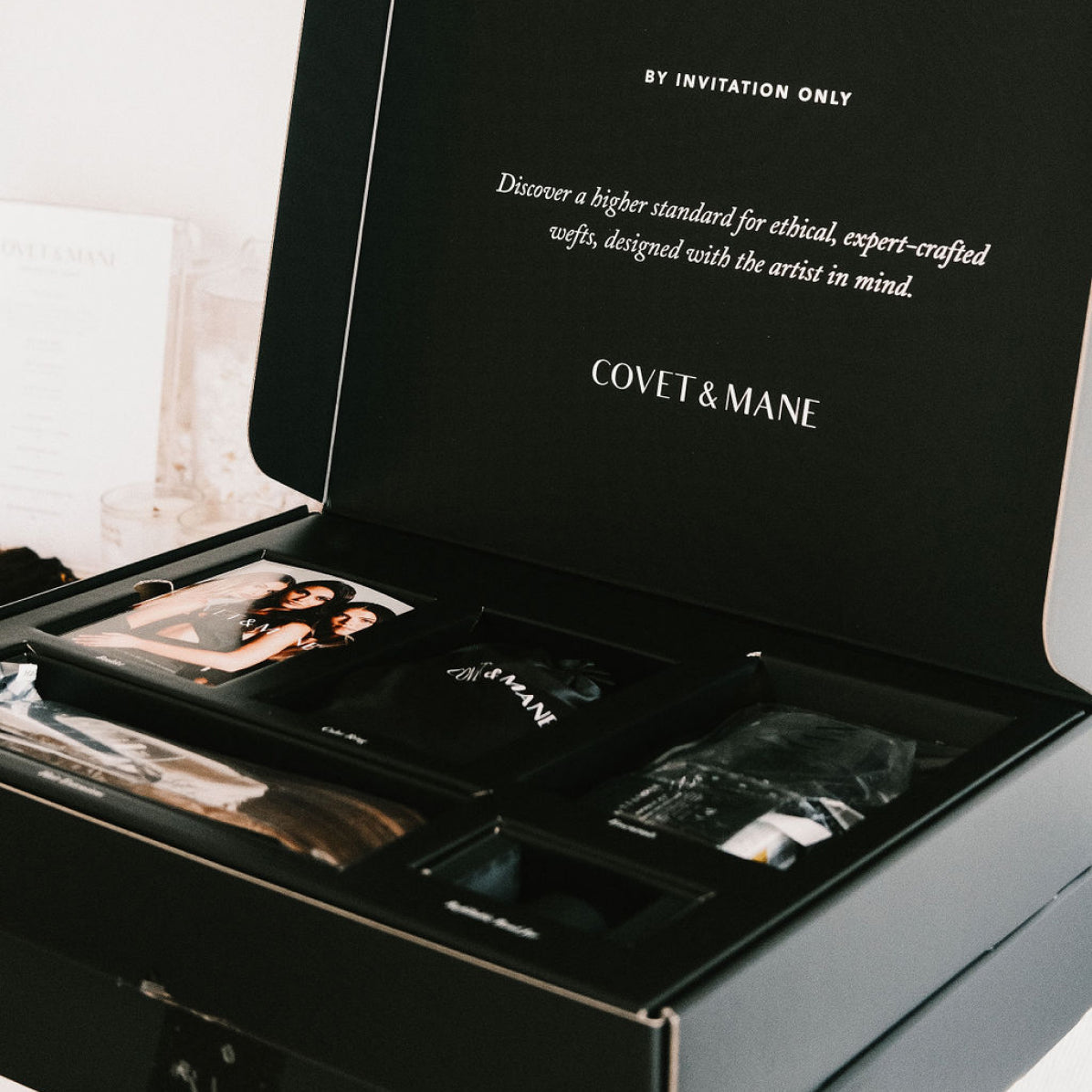 Black box of Bundles Starter Set by Covet&Mane with various equipment on a white background.
